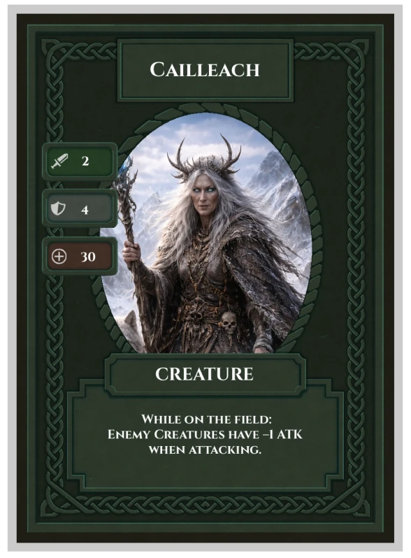 The printed Cailleach Celtic Clash card
