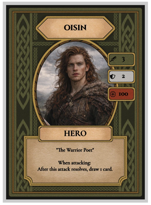 The printed Oisín Celtic Clash card